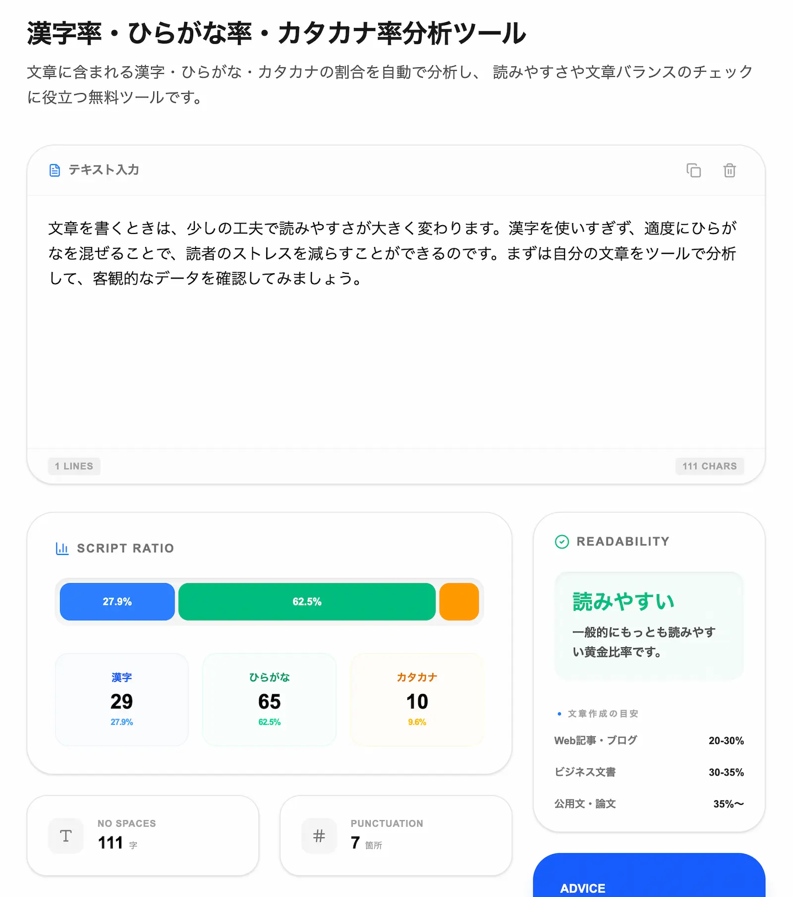 漢字率・ひらがな率分析の操作画面